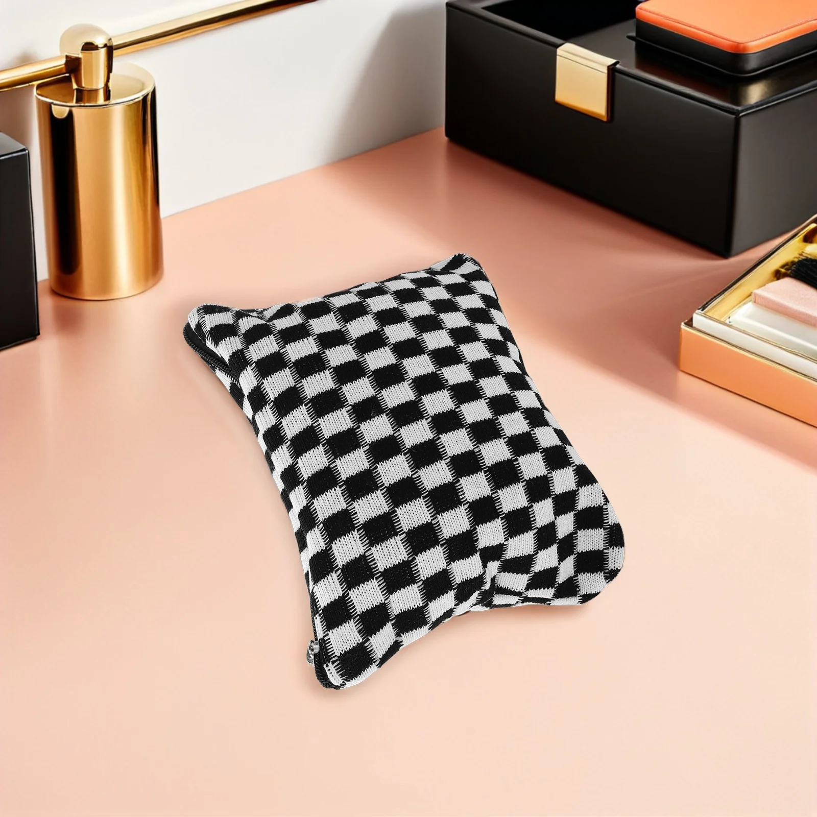 

2pcs Checkerboard Makeup Organizer Bag Large Knitted Toiletry Case For Travel Home School Storage Pouch