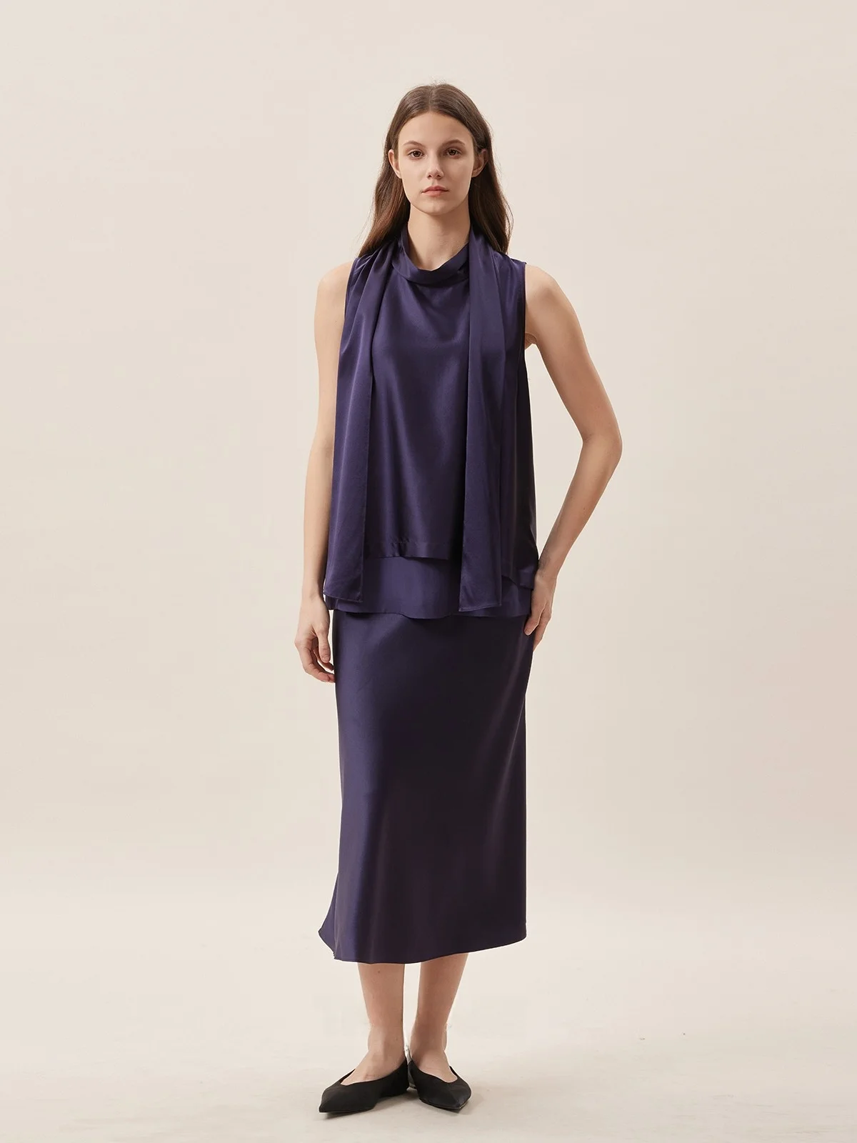 

TheEase Comfortable Silk Elastic Satin Top Half Skirt Set 22 Momme Pure Color Loose Fit Fashionable Autumn Spring Summer