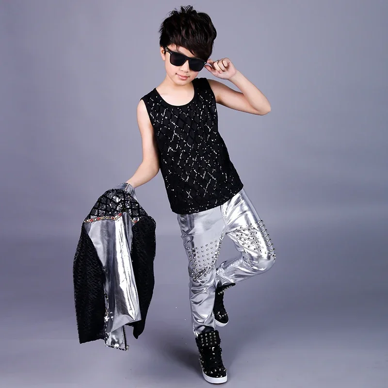 Jazz Costumes Boys Silver Fashion Sequined Jacket Children Stage Outfit Hiphop Kids Street Dance Clothes Children Wear DNV11839