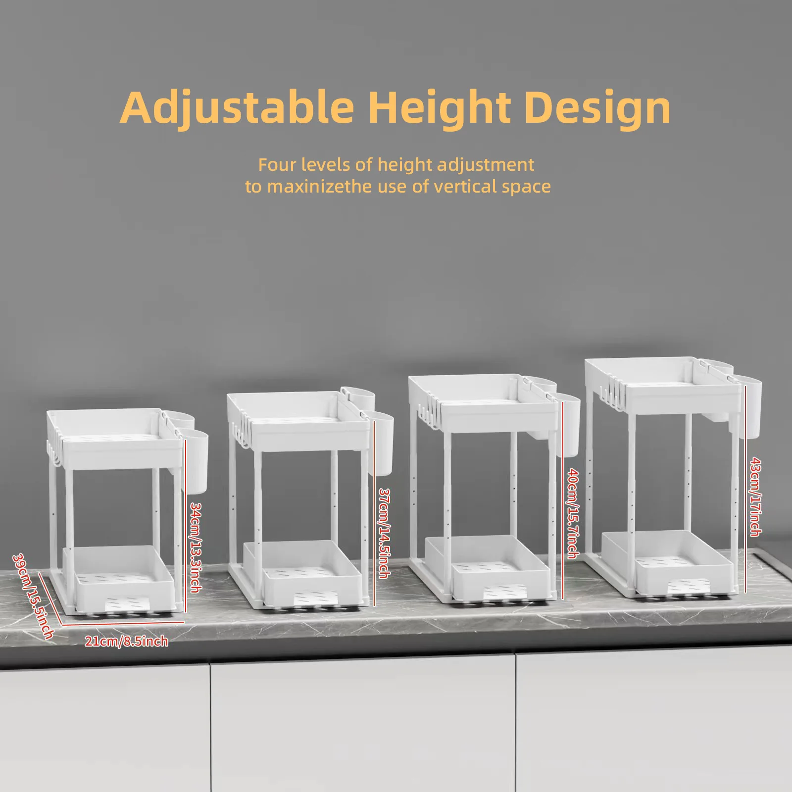 Adjustable Two Tier Plastic Under Sink Organizer Telescopic Kitchen Cabinet Shelf Riser Optional Hooks Cups Bathroom Countertop