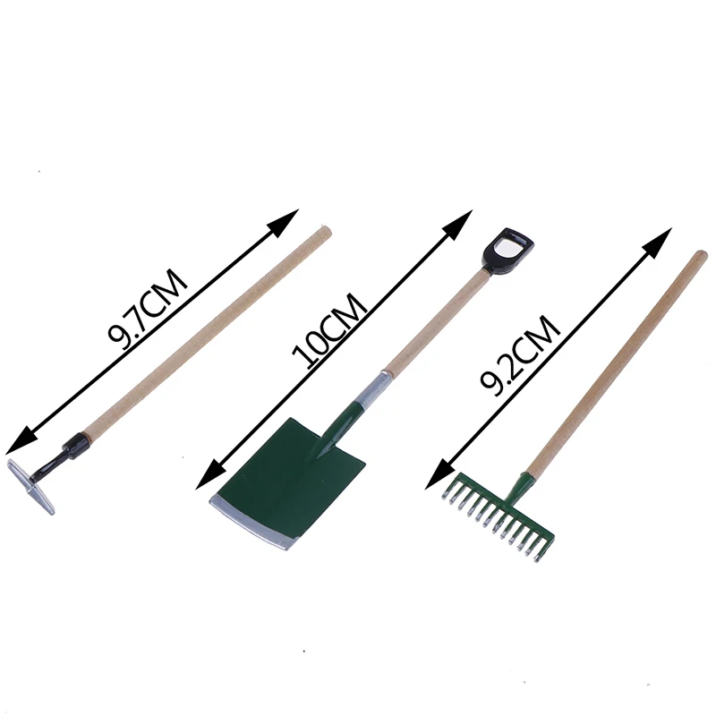 3psc/conjunto de ferramentas de ancinho de pá de jardim de metal para acessórios em miniatura de casa de bonecas
