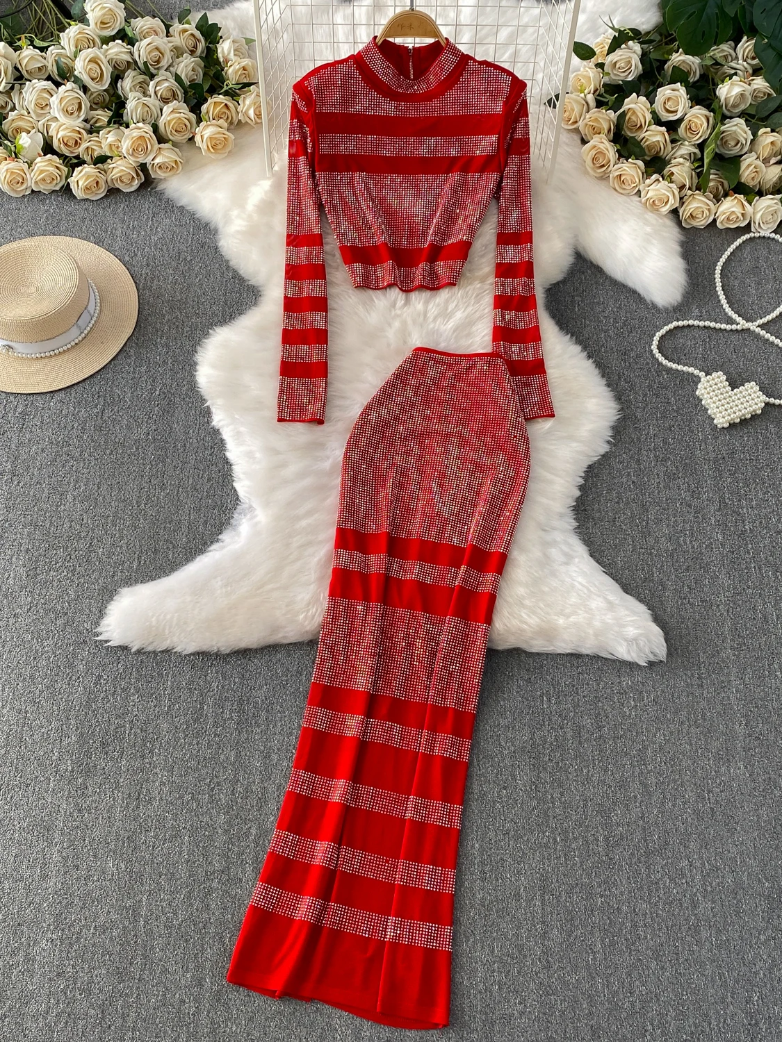 

Heavy-Du Rhinestone ort-Neline или топ плюс облегающая длинная юбка с высокой талией для похудения, ансамбль, модная повседневная одежда...