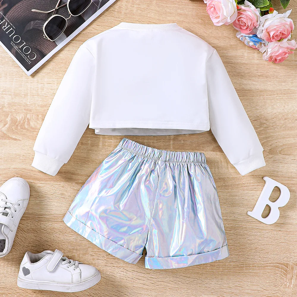 2024 New Clothing Set Girls Long Sleeve O Neck Letter Silver Shorts Cute 2 Pcs Sets Casual Girls Clothes Sets 18M-7T