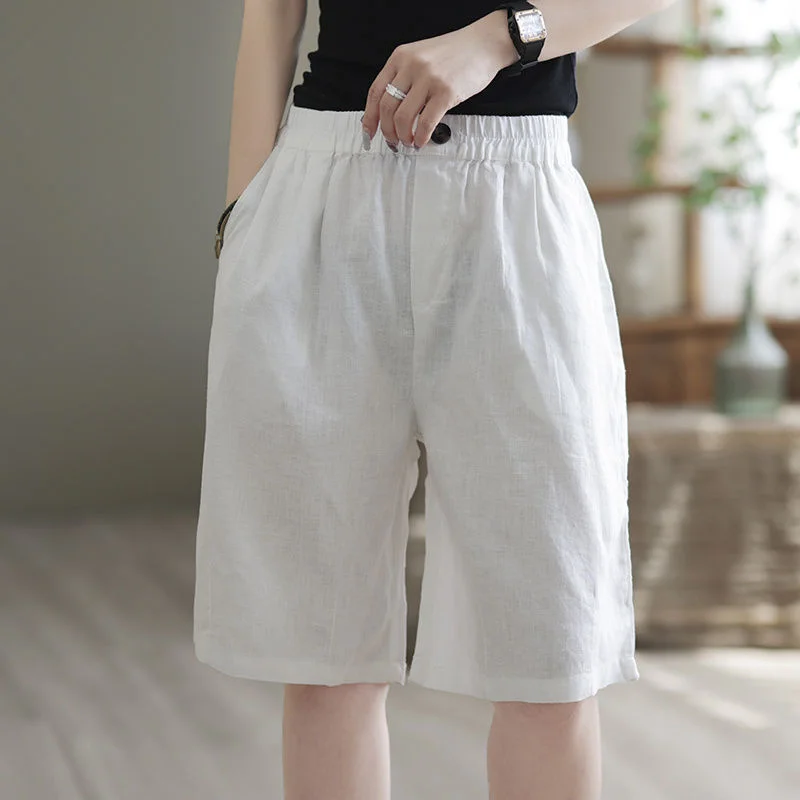 Shorts Bermuda de Lino Blanco para Mujer, Cintura Elástica, Botones Delanteros, Holgados, Casuales, Largos hasta la Rodilla