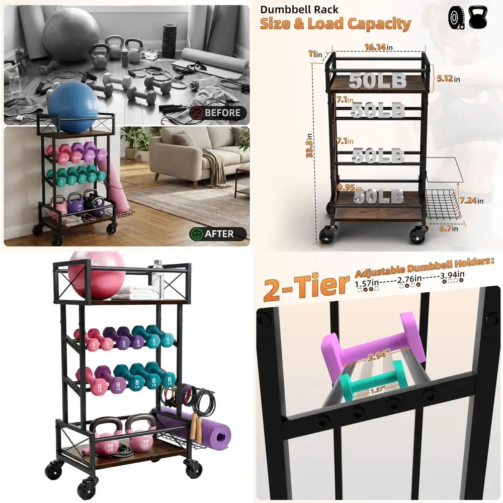 

4-Tier Rolling Home Gym Storage Rack, Compact Wood Metal Design for Yoga Mats, Dumbbells, and Kettlebells