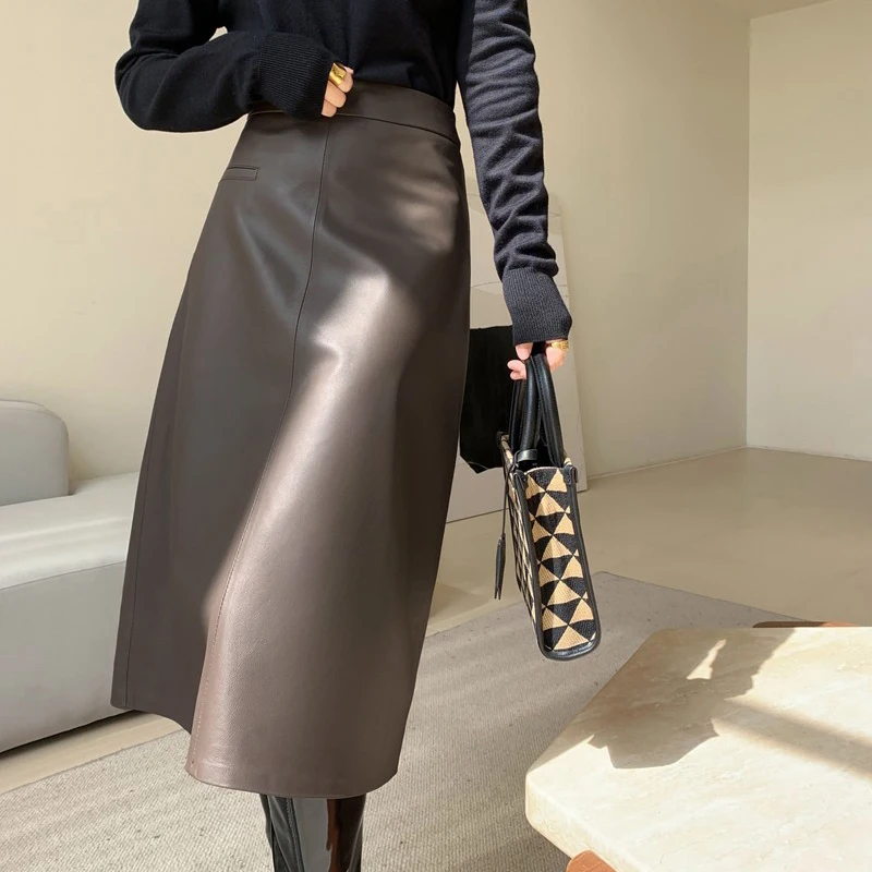 New Genuine Leather Skirt For Women High Sense Vintage A-line 70 cm Jupe Longue Femme Simple Maxi Apricot  Floor-Length