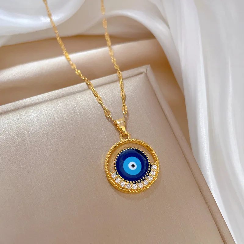 DIEYURO 316L Stainless Steel Round Blue Eyes Pendant Necklace For Women Girl New Retro Clavicle Chain Jewelry Gift Party bijoux