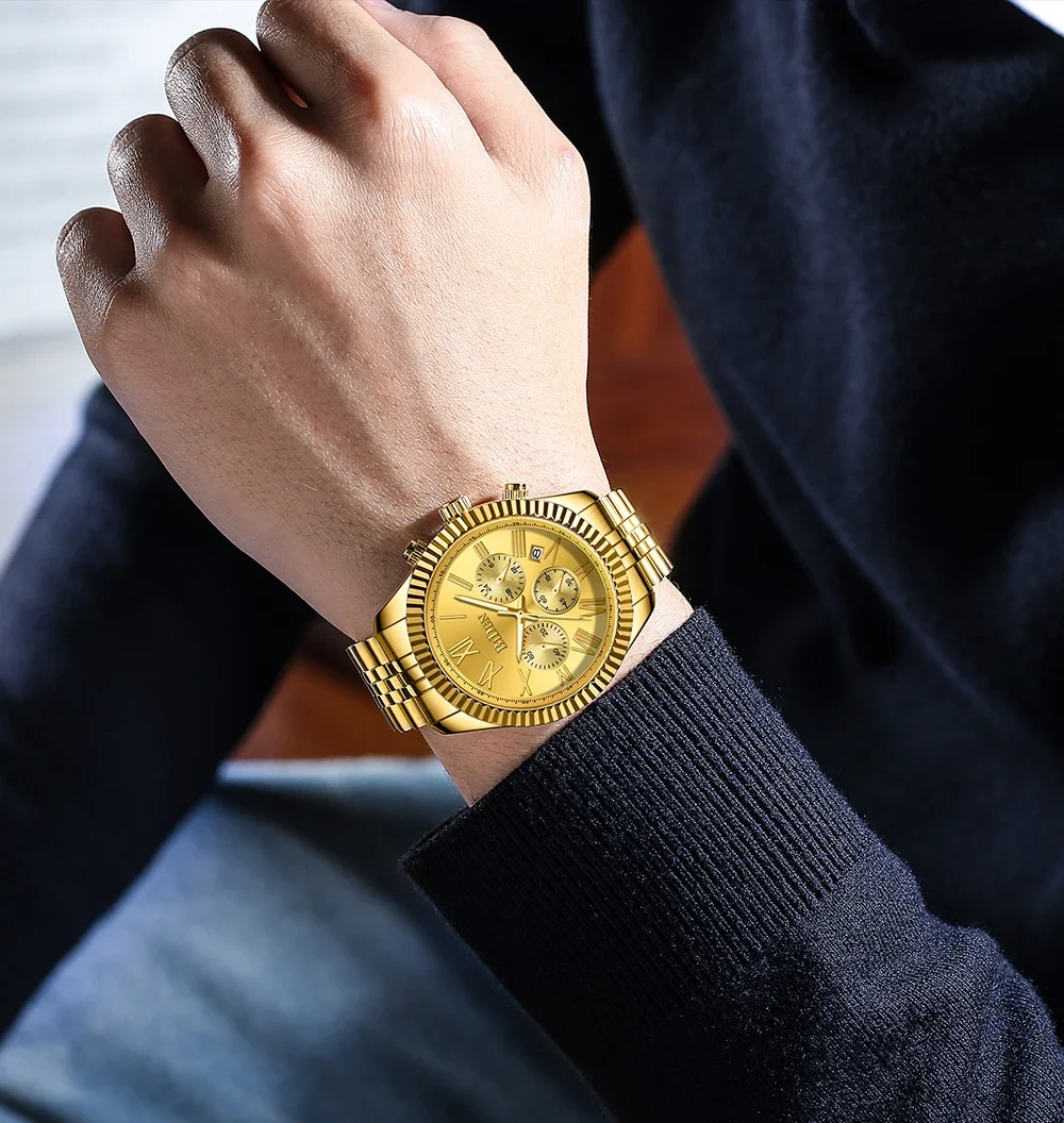 ساعة رجالية بهيكل عظمي ذهبي على مدار 24 ساعة - ساعة كوارتز جديدة فاخرة مقاومة للماء من BIDEN