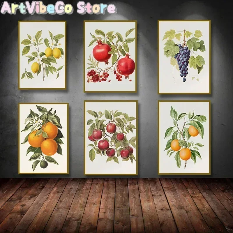 Orange Lemon Tree Grapes on Vine Pomegranate Fruit Apple Poster Canvas Painting Print Kitchen Wall Art Home Decor Cuadros
