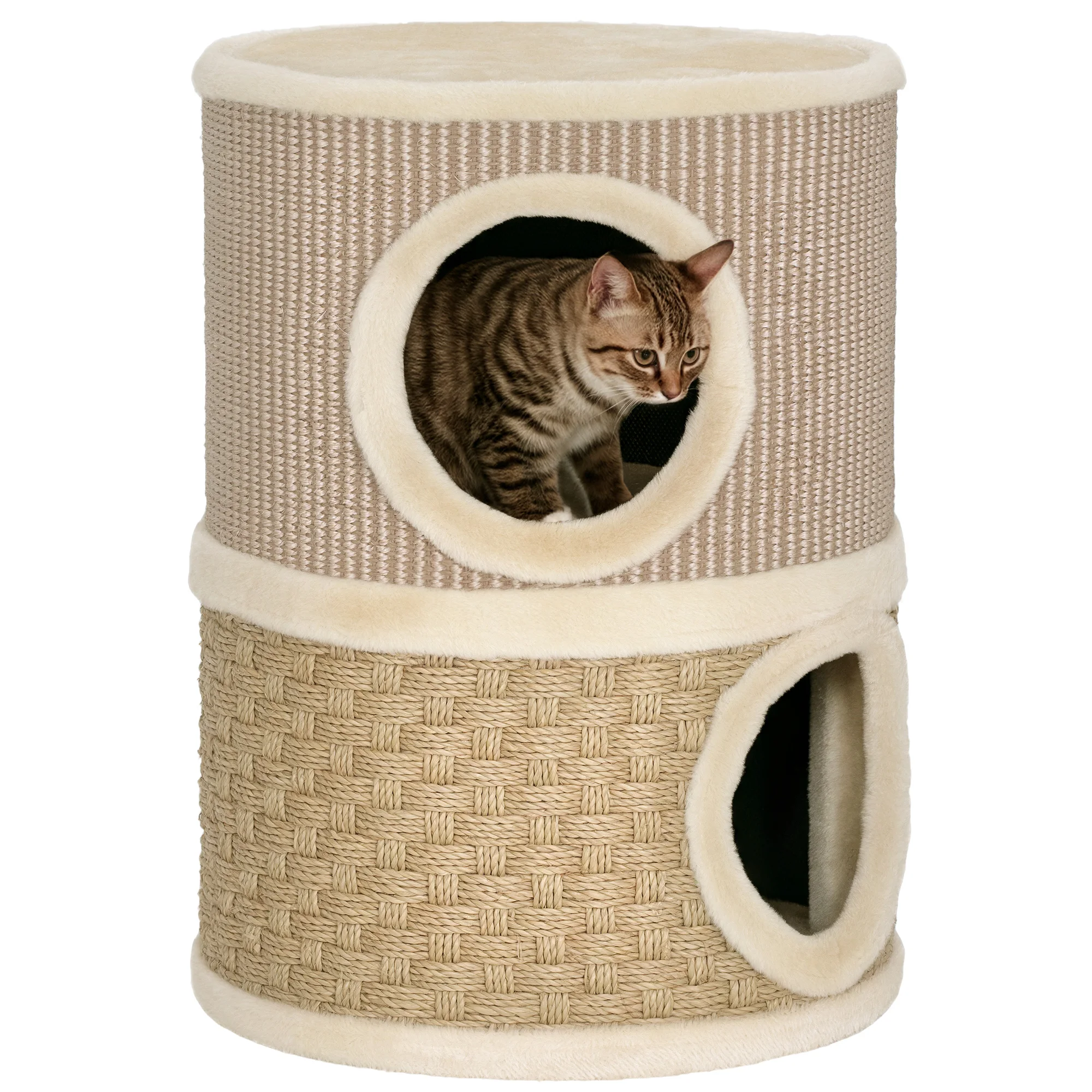 Pawhut Barile da grattare per gatti a 2 livelli, altezza 49 cm, con letto rivestito in sisal kaki e marrone