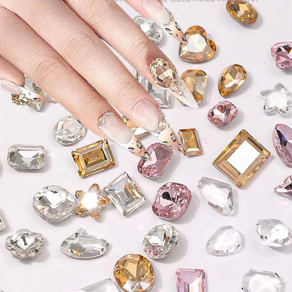 

50pcs/bag Clear Multi-Shape Nail Rhinestone Nail Rhinestone Pink Heart Sequare Round Nail Gems Charms 3D Manicure Art Decoration