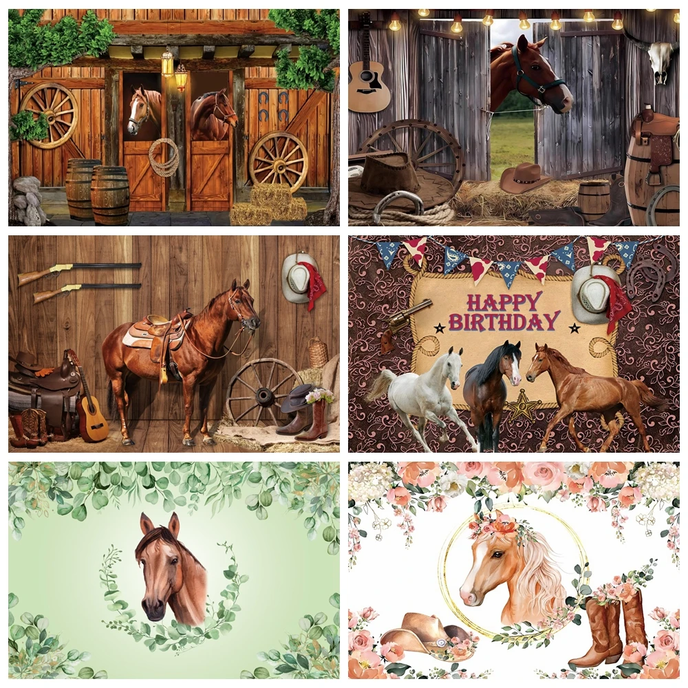 

Cowboy Horse Theme Backdrop for Boys Western Cowgirl Birthday Party Flower Saddle Kids Portrait Photography Background Props