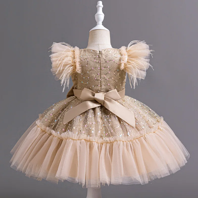 Custom light luxury dress women wedding guest gown girls wedding gown birthday party pageant feather bow sequin tulle ball gown