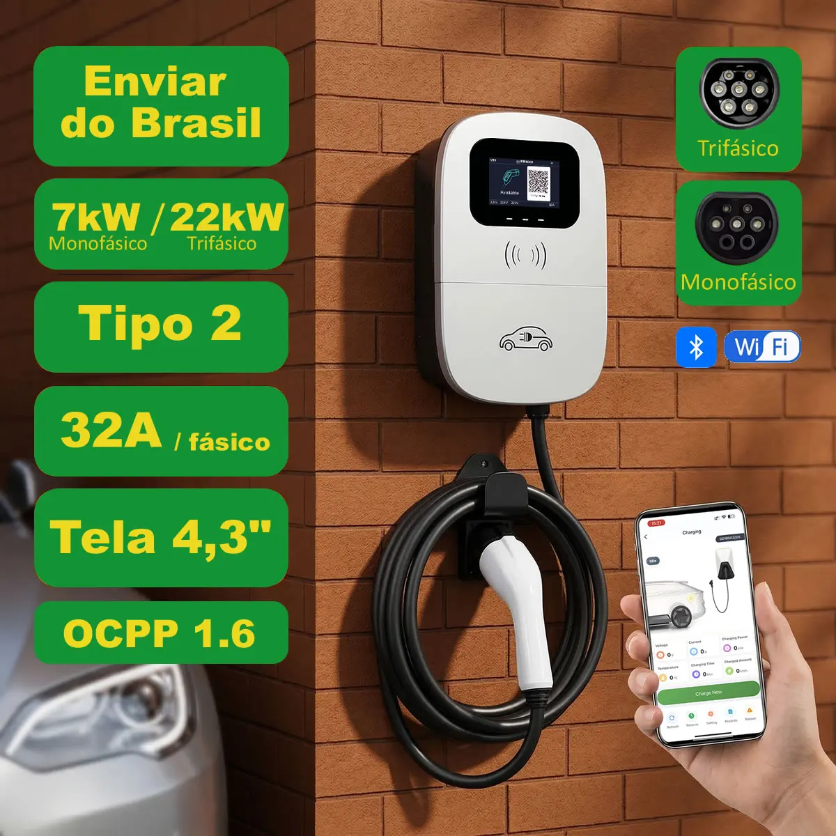 Estação de Carregamento de Veículos Elétricos Smart APP 7kW 22kW no Brasil, Carregador de Parede Tipo 2 para Carros Elétricos com OCPP 1.6