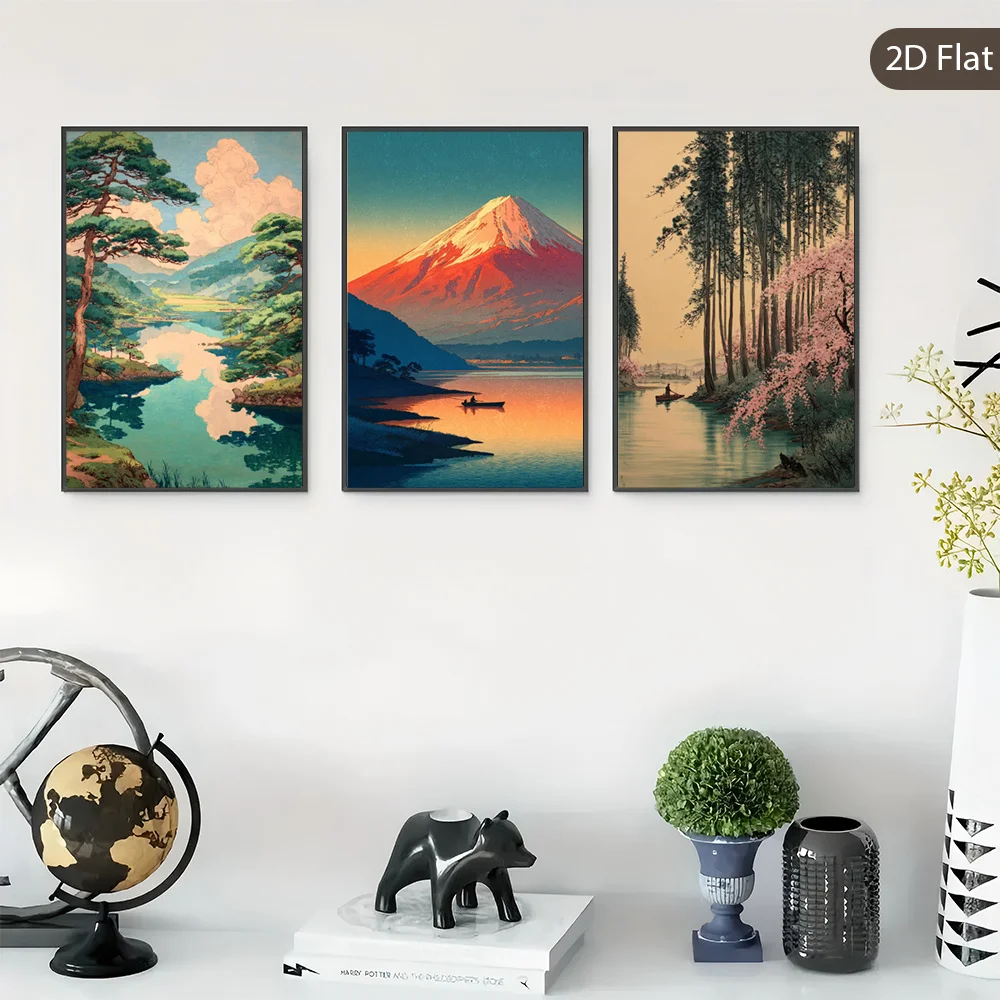 Set of 3 Unframed Serene Landscape Wall Art, Blossom Beauty Art Deco, Nature Harmony Canvas Prints - Majestic Mountain Poster
