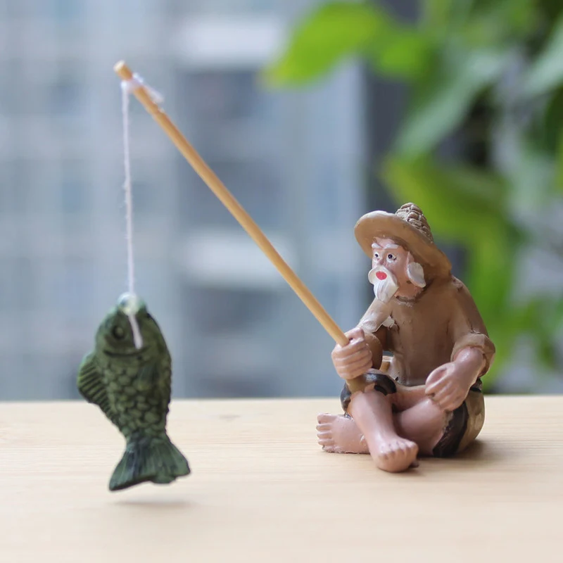 Hot Sale Fishing Old Man Resin Figure Statue Garden Ornament Micro-Landscape Garden Craft