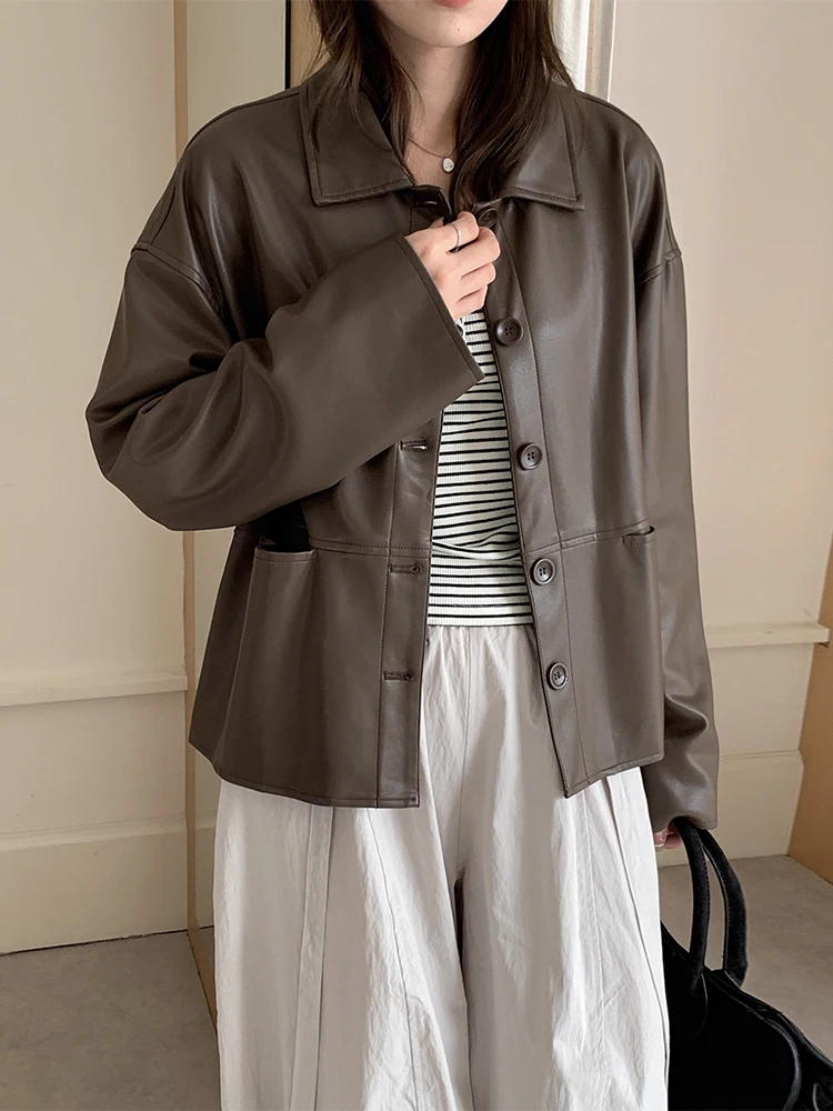 Sli Vintage Biker Jaet Cappotto da donna in pelle PU con colletto lungo e ampio, versatile capispalla autunnale Faion