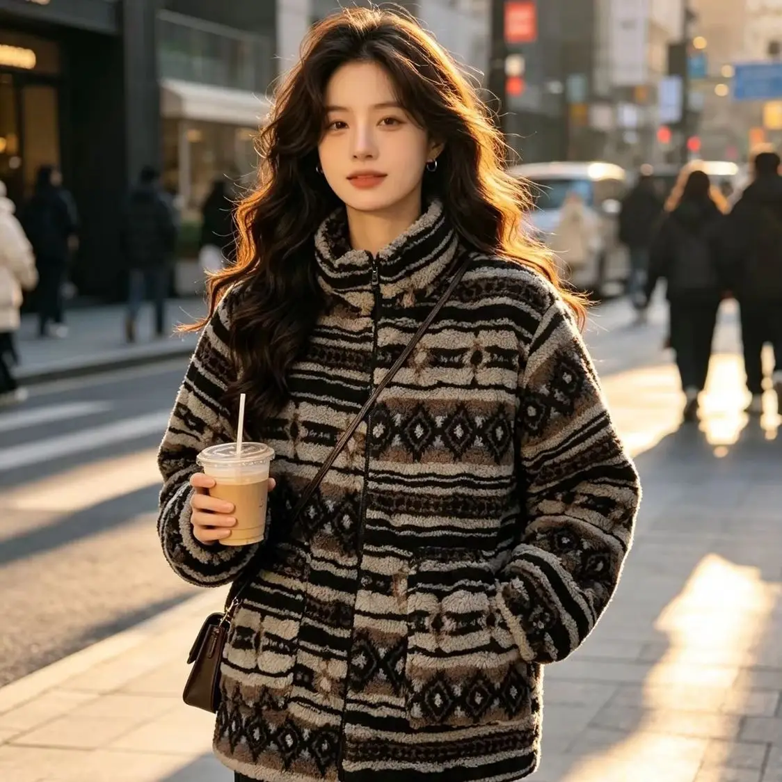 Women's Autumn Winter Outerwear Retro Thick Fleece Top Stand-Up Collar Printed Warm Versatile Simple Casual Loungewea Sleepwear