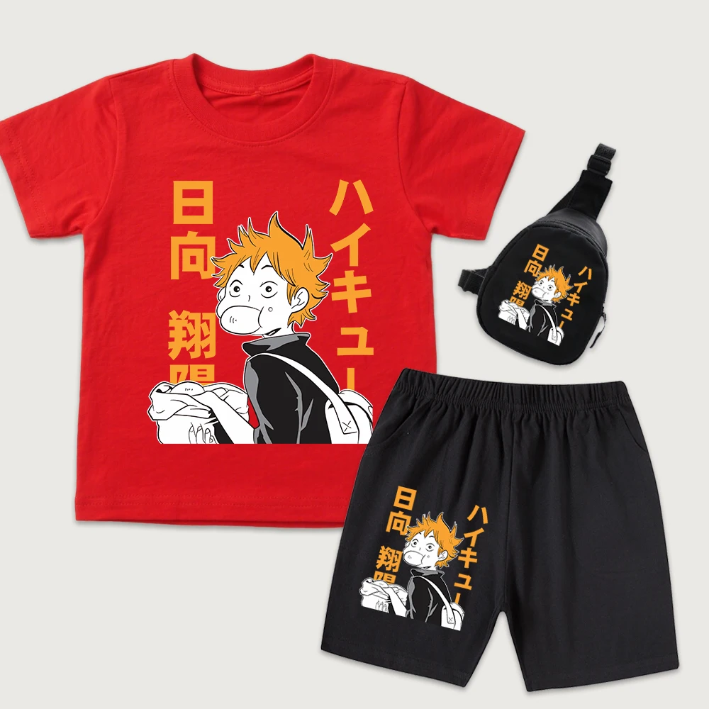 Haikyuu Shoyo Hinata Anime Print Kids Outfit 3 Piece Set Cotton T Shirt Shorts Mini Chest Bag for Boys Girls Summer Daily Wear