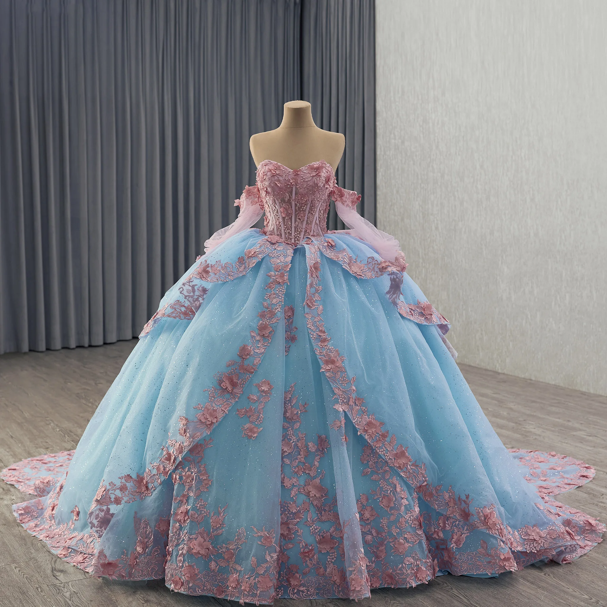 فستان Quinceanera أنيق باللون الأزرق المخضر والوردي من Rosymae مع تصميم قابل للفصل وأكمام طويلة مكشوفة الكتف لؤلؤ مطرز للاستخدام الرسمي #1