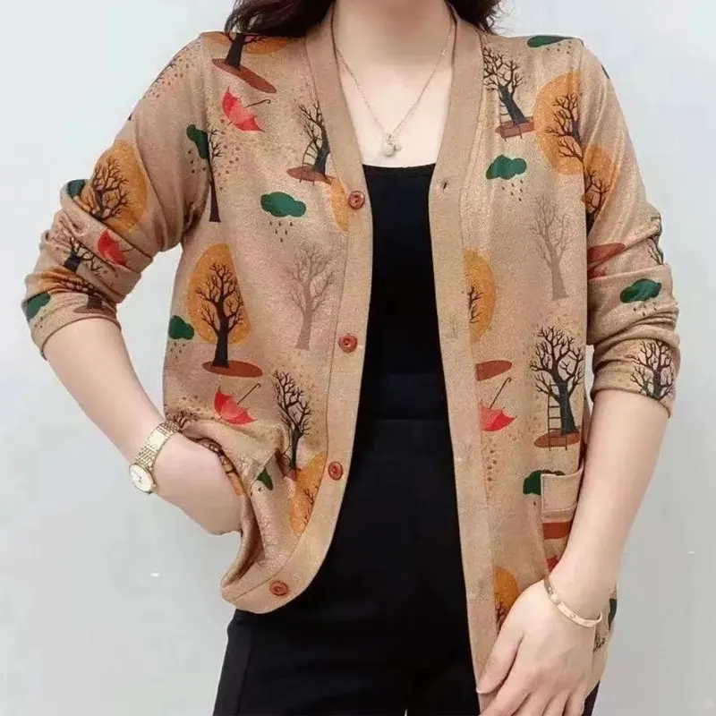 Cárdigan informal elegante con cuello en V para mujer, suéter de punto con estampado de dibujos animados de plantas, ropa de otoño e invierno