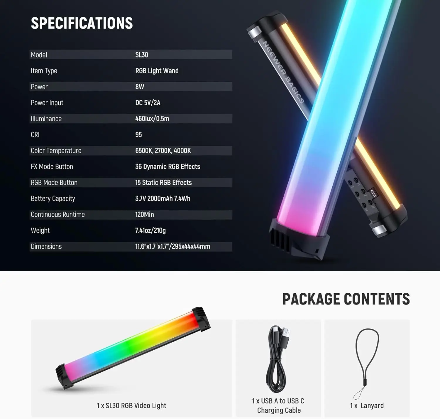 NEEWER Basics 12" magnetischer RGB-Lichtstab CRI95 dimmbarer 8W LED-Handheld-Video-Röhrenbeleuchtungsstab für Studio-Videoaufnahmen – Detail 7