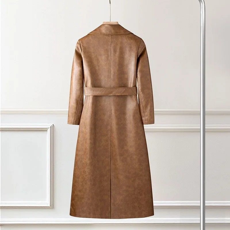 Nuovo cappotto da donna vintage giacca lunga in pelle trench soprabito retrò primavera autunno moda temperamento femminile