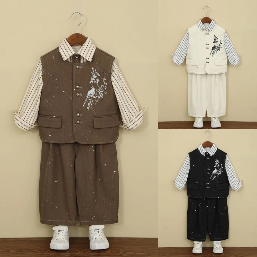 Chinese Ink Bird Embroidery Boys Vest Suit Striped Shirt Tie Wide Leg Pants Multi Color Kids Daily Stage Light Gentleman Outfit