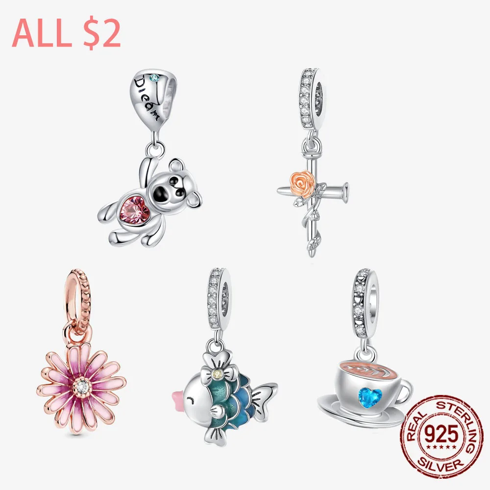 

925 Sterling Silver Charms Pink Daisy Beads Fit Original Pandora Bracelet Gift DIY