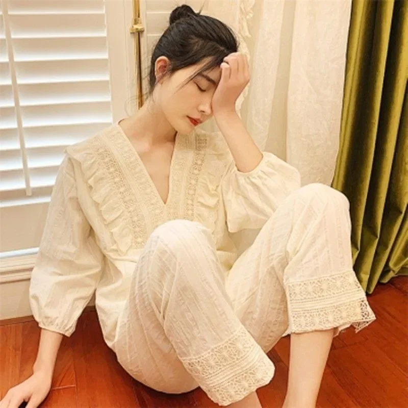 2024 New Pajamas Women's Spring Autumn Loungewear Cotton Sweet Sleepwear Princess Style Homewear Lace Homewear Two Piece Set