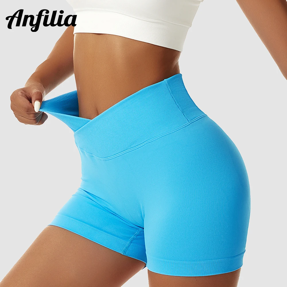 Anfilia Women V Cross Waist Yoga Shorts High Waist Butt Lifting Biker Shorts Solid Color Soft Gym Workout Running Athletic Short