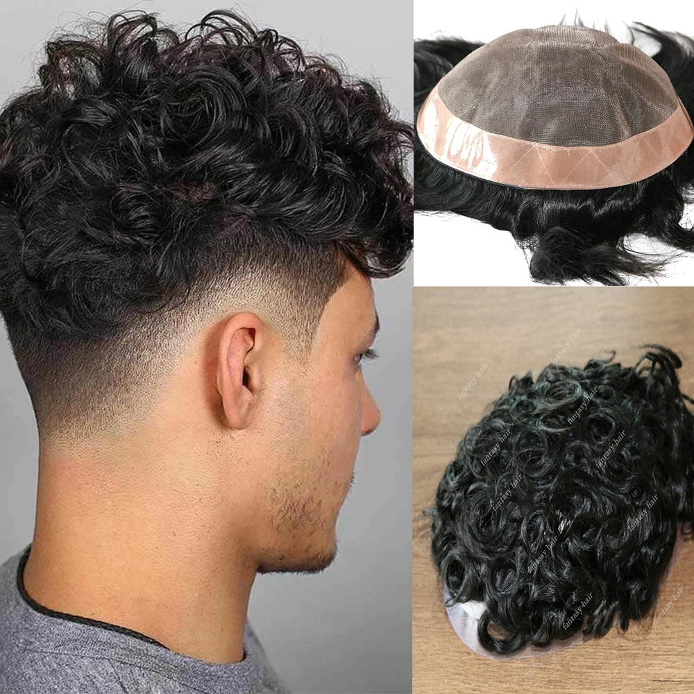 

15mm Afro curls natural hairline mono breathable lace & PU based human hair prosthetic capillary replacement system for men