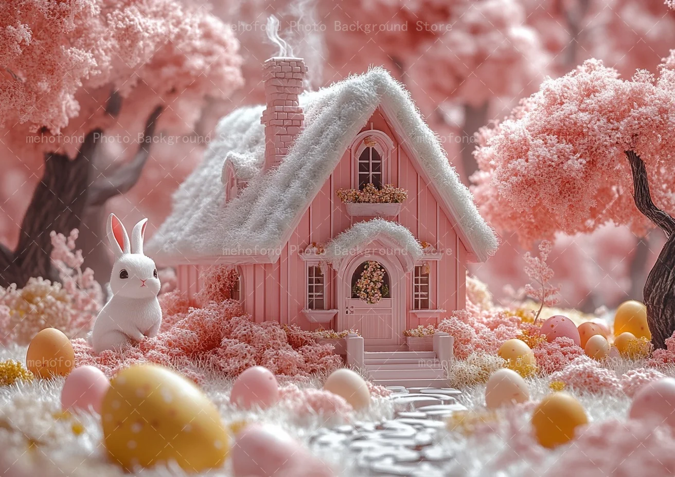 Mehofond 写真撮影背景 イースター 小さな白いウサギ カラフルな卵 石道の家 子供 家族ポートレート背景装飾