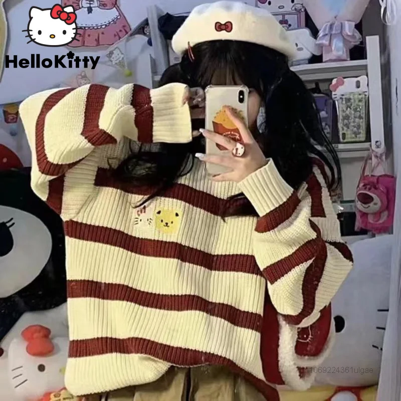 Sanrio Hello Kitty Sweater Women Sweet Stripes Design Pullovers Y2k Japanese Style Clothes Autumn Winter Sweaters New Kawaii Top