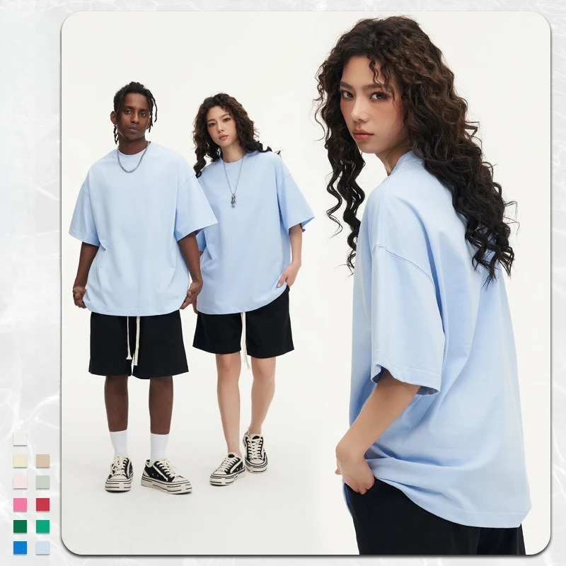 SHINBENE Cotton T-shirt - 310g Heavyweight Short-sleeved Candy-colored High-neck Five-button T-shirt