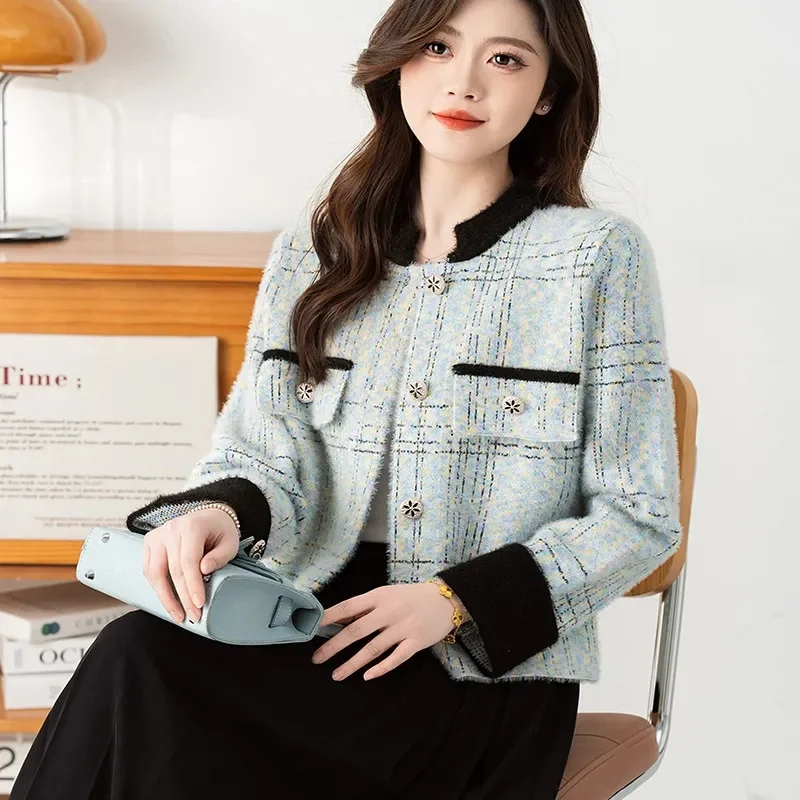 New Knitted Fragrance Coat Women 2026 Spring Autumn Short Jacket Imitation Mink Velvet Loose Outcoat Joker Sweater Top Female
