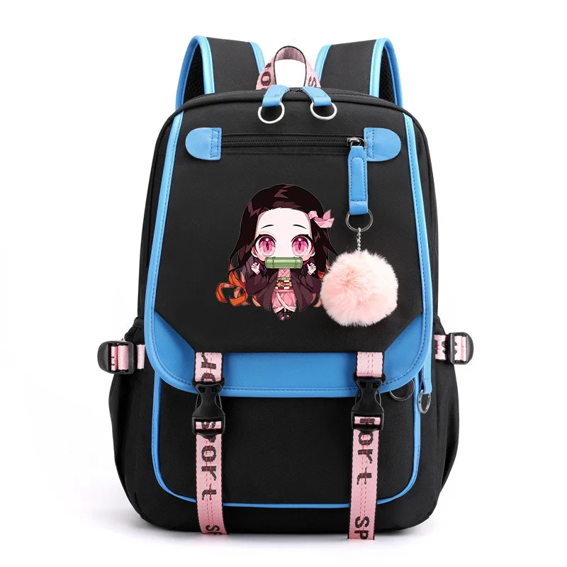 Bonito Kamado Nezuko Padrão Mochila Novo Adolescente Casual Anime Mochila Kamado Nezuko Mochila USB Zíper Mochila