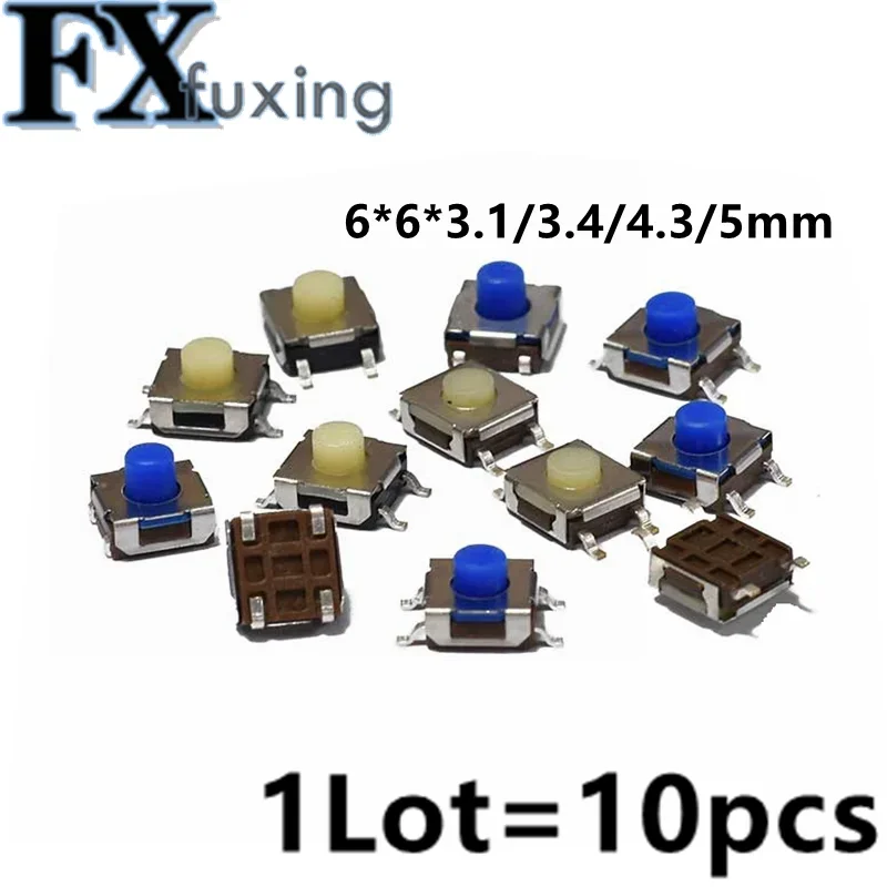 10pcs 6*6*3.1/3.4/4.3/5mm 4Pin SMD Waterproof Silicone Tact Switch Micro Push Button Tactile Switch Beige Blue Switch Ribbon NEW