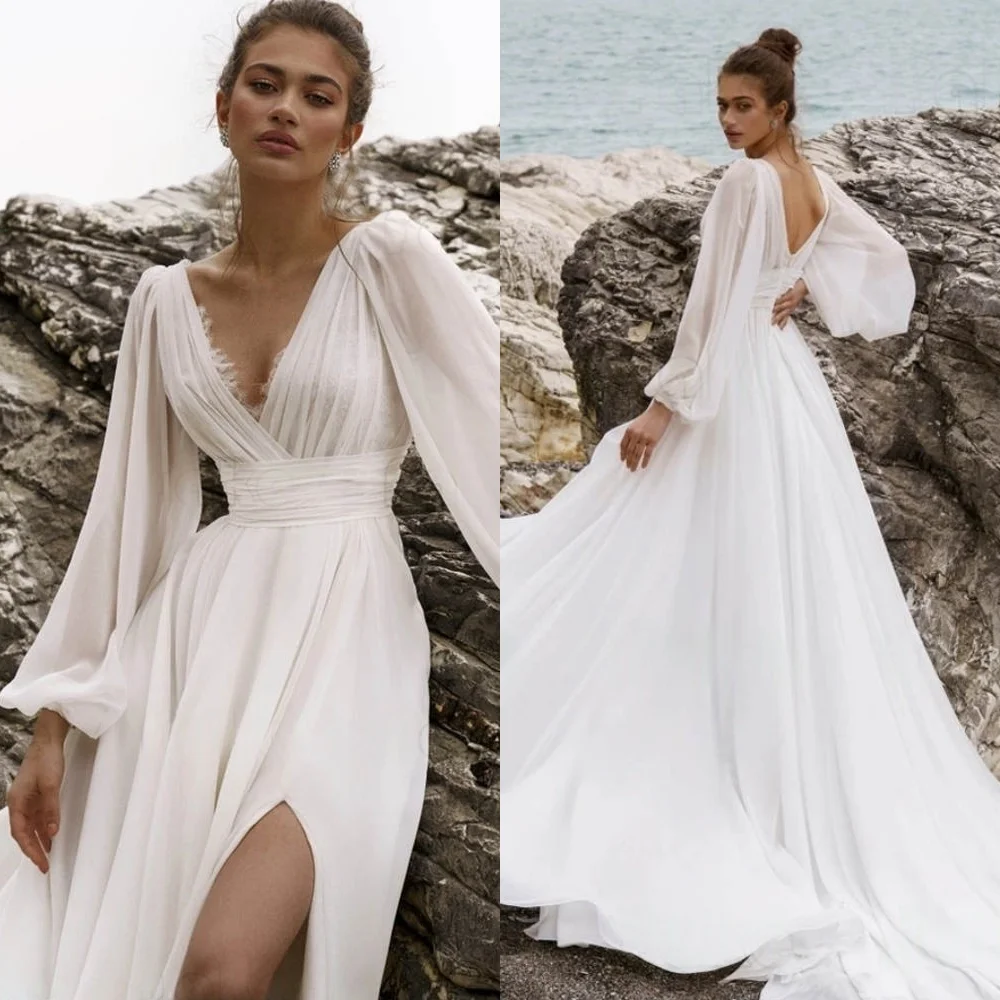 

Customized Elegant White Chiffon Wedding Dress High Quality V-neck Long Sleeves Bridal Gowns Chapel Train Zipper Back Dress