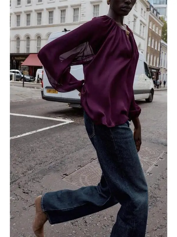 

Ele Long Sve round Ne Translucent irt Gold Decorative Elastic Cuff French Sle Loose Fit Women's Faion Spring 2025