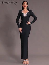 High Quality Women'S Sexy Long Sleeved V-Neck Mesh Crystal Diamond Bandage Maxi Dress Elegant Evening Party Dress Vestidos