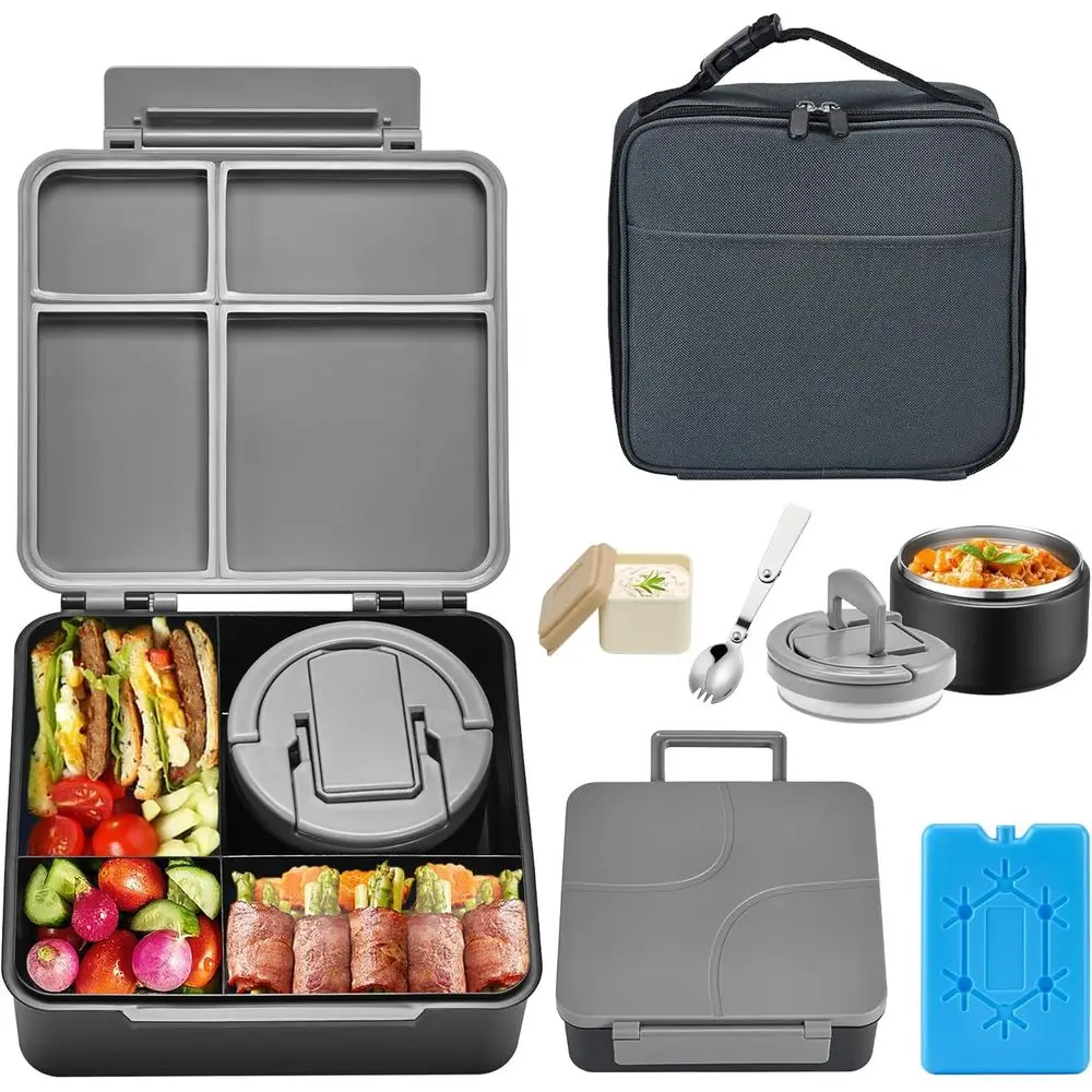 Lunchbox mit Suppen-Thermobehälter, Auslaufsichere 4-Fach-Behälter, Saucenbecher, Kühlakku, Isolierte Warmhaltebox, Lunch-Tasche für die Schule