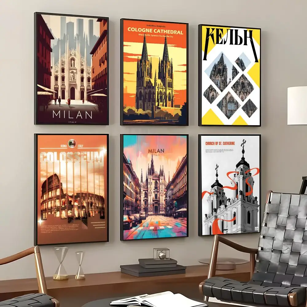 Point of Interest Milan Cathedral Poster Self-Adhesive Waterproof Wall Stickers, Coffee Bar Home Wall Decor