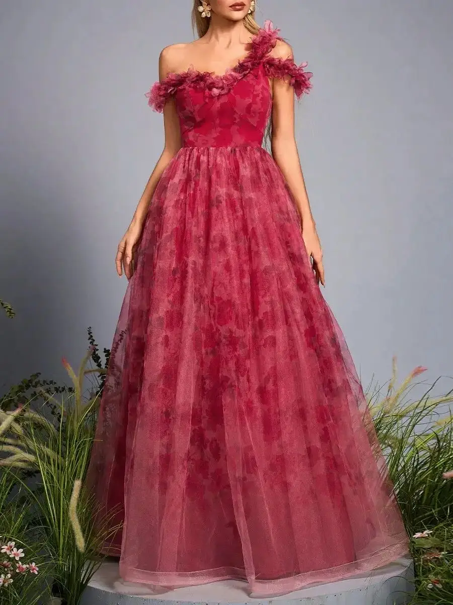 Mgiacy nieuwe collectie één schouder romantische bruidsmeisjesjurk Lace-up bedrukte mesh lange jurk - afbeelding 2