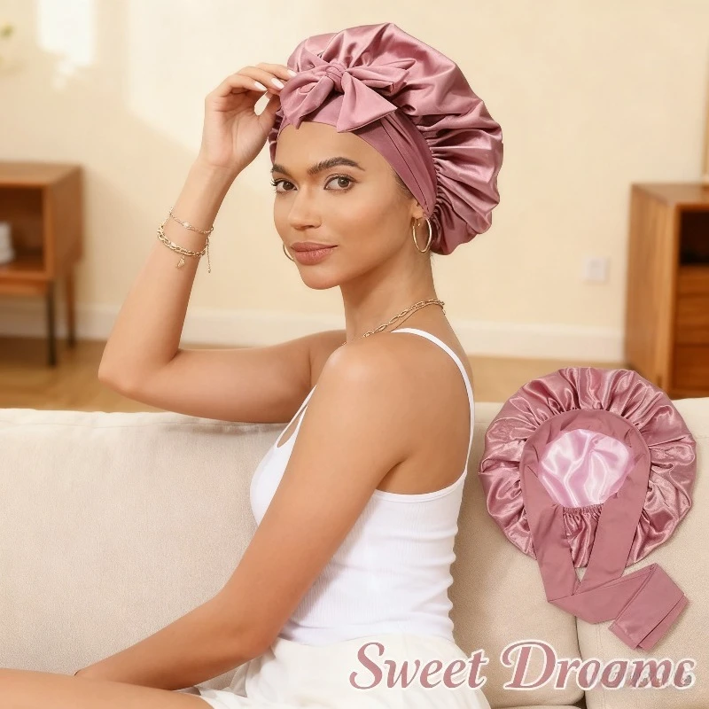

Женская двухслойная атласная шапочка для душа с бантом-кисточкой, высокоэластичная, водонепроницаемая, для ежедневного использования