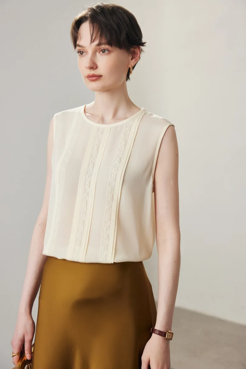 100% Silk Women's Blouse O Neck Sleeveless Ruffles Appliques Elegant Fashion Blouse Tops