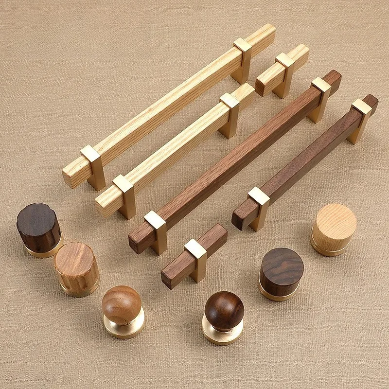 Retro New Chinese Style Walnut Cabinet Door Handle High Grade Wood Grain Drawer Wardrobe Furniture Knob Pull
