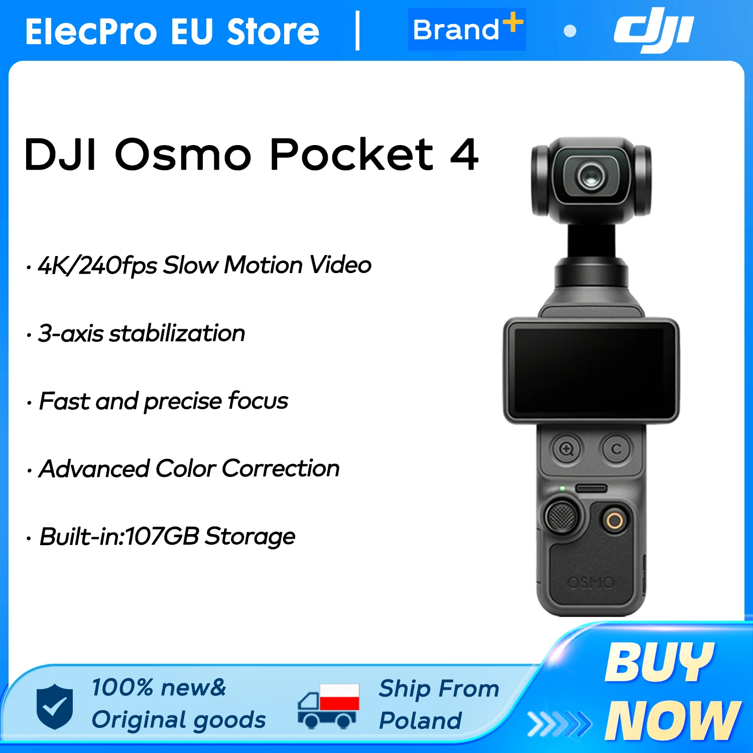 DJI Osmo Pocket 4 1″ CMOS Kieszonkowy Gimbal z 14-stopniowym zakresem dynamiczny, 10-bitowym D-Log, nowym ActiveTrack Pocket 4