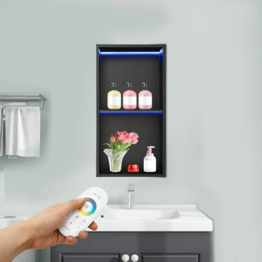 

Black 12 x 24 Stainless Steel Shower Niche with RGB Light No Tile Needed 2-Tier Recessed Wall Storage Organizer for Bathroom Mo