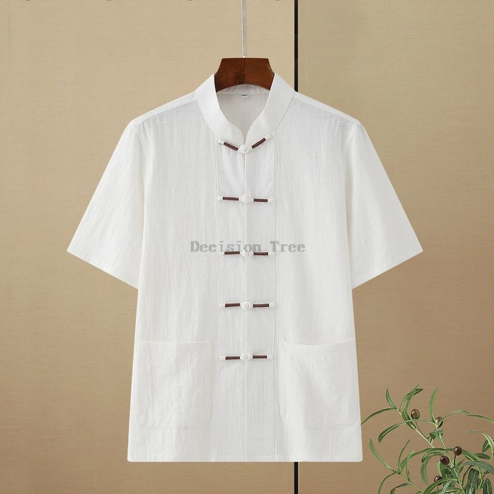 2025 new chinese style cotton linen short sleeved shirt stand collar disc buckle vintage men's shirt simple breathable wushu top
